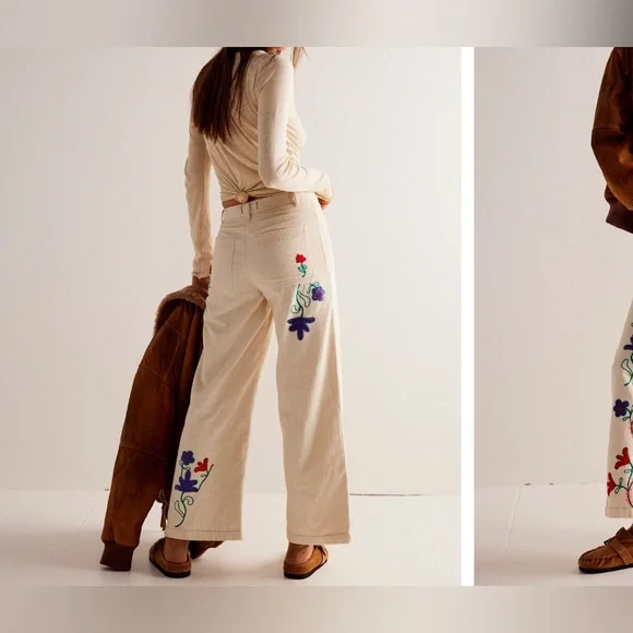 Free People Cream Embroidered Flare Jeans
